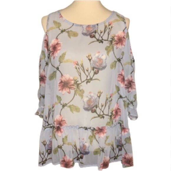 Peach Love Cold Shoulder Floral Top M Drop Waist - Picture 3 of 11